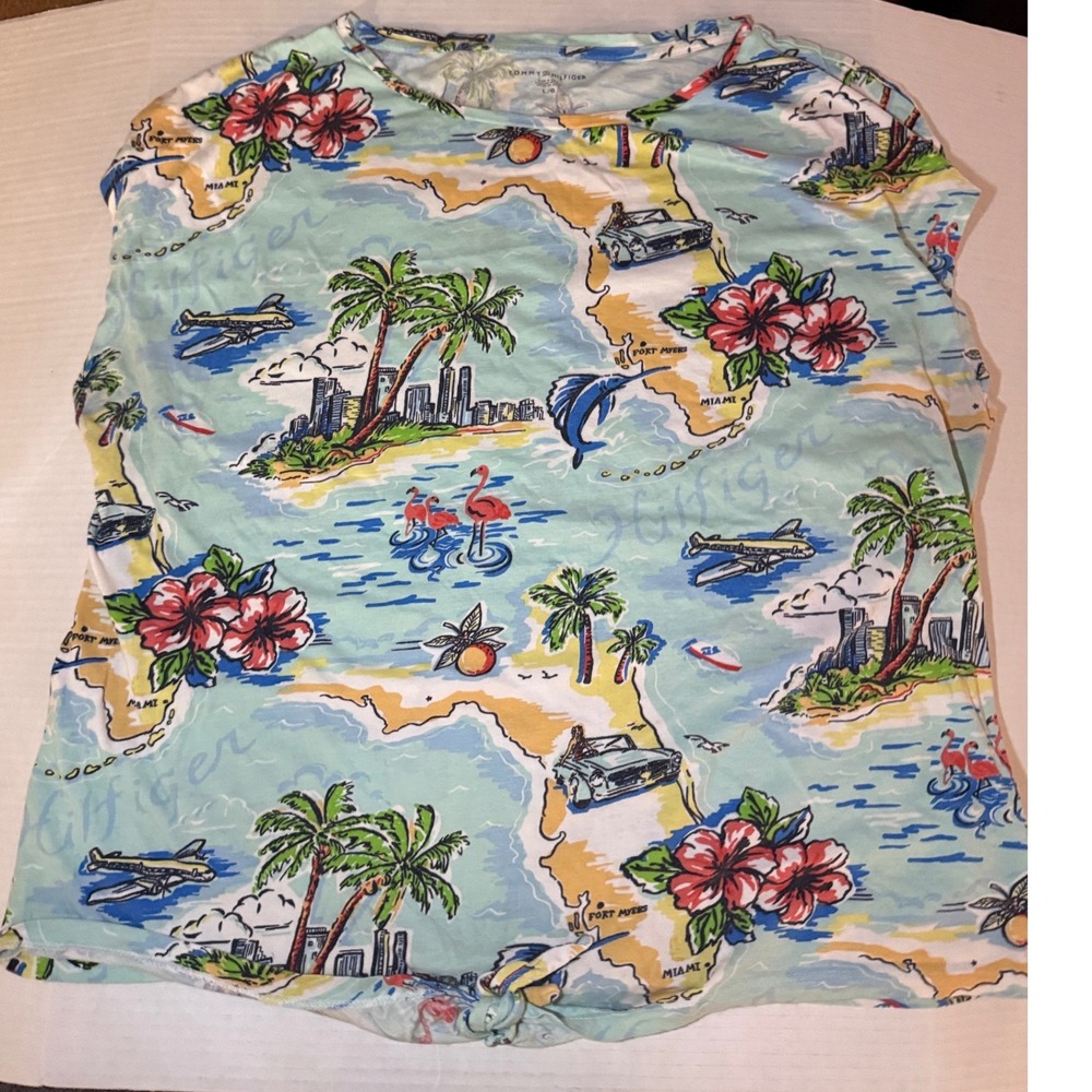 Tommy Hilfiger Florida Vacation Print Sleeveless Tie Front Top Blue Large